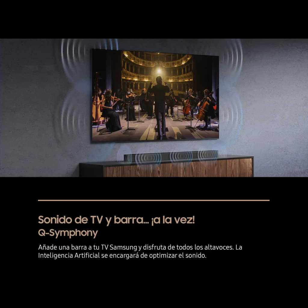 Samsung Barra de sonido HW-Q600F Negro, escena Q-Symphony: barra bajo TV con ondas de sonido envolventes en salón