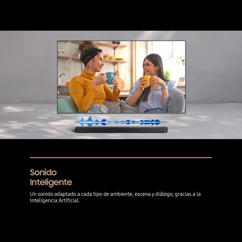 Samsung HW-Q600F negro, lifestyle: barra bajo TV con ondas de sonido IA y dos personas conversando en pantalla