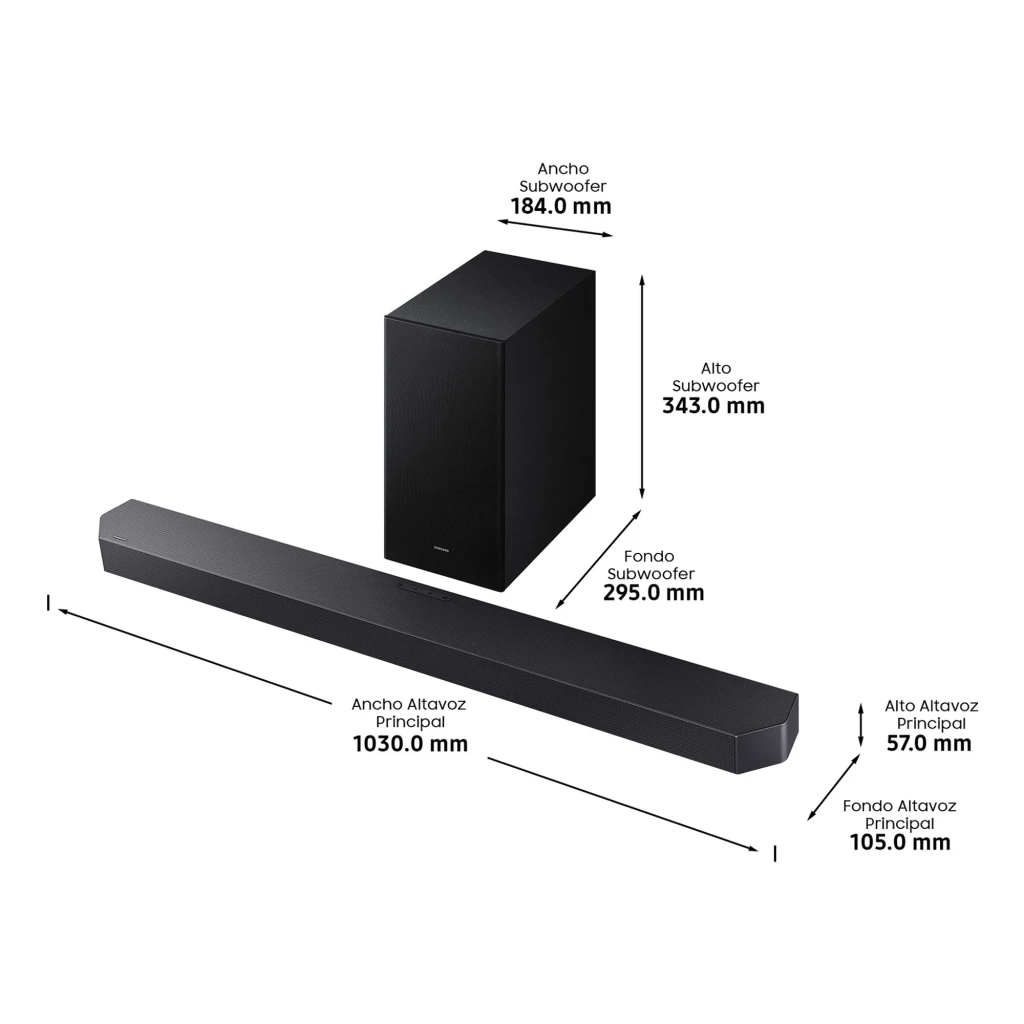 Samsung Barra de sonido HW-Q600F Negro, diagrama de dimensiones: barra 1030x57x105mm y subwoofer 184x343x295mm