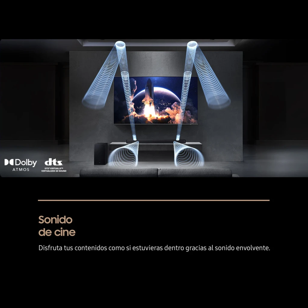 Samsung Barra de sonido HW-Q600F negro, infografía: ondas de sonido envolvente Dolby Atmos y DTS en sala de cine