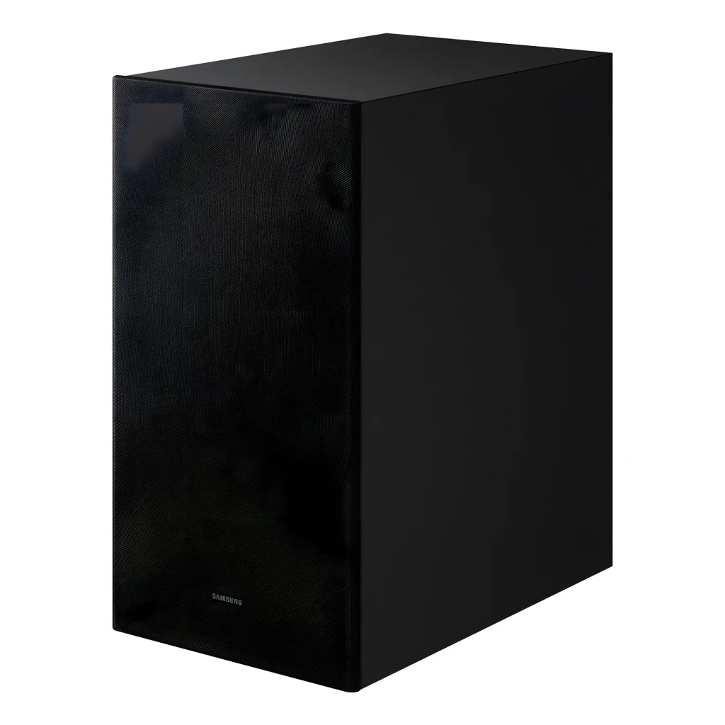 Samsung HW-Q600F negro, subwoofer inalámbrico en ángulo: rejilla frontal de tela y lateral liso brillante