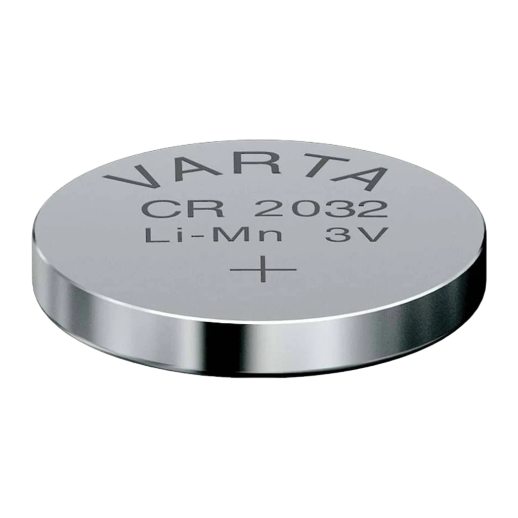 Varta CR2032 Litio plateada, vista frontal en ángulo: cara superior con marca, modelo, Li-Mn 3V y polo positivo