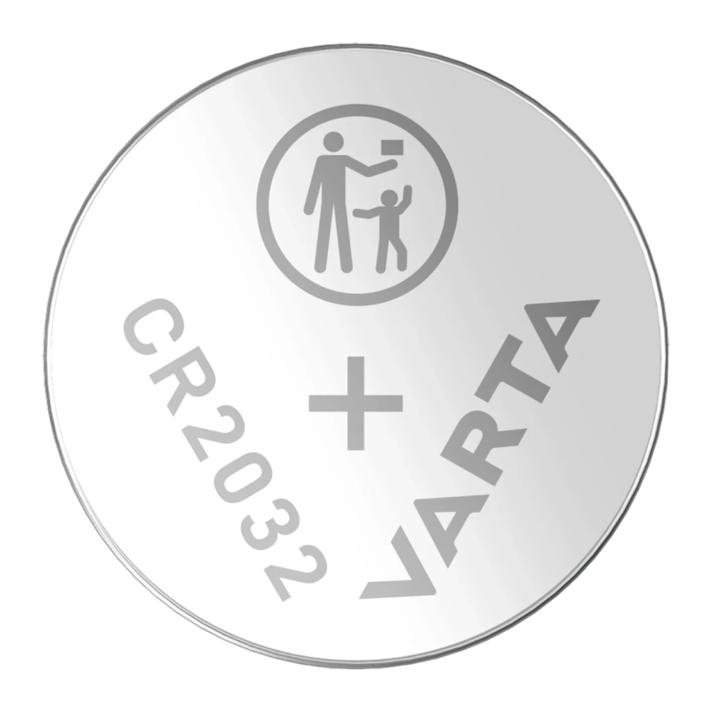 Varta CR2032 Litio plateada, vista cenital cara negativa: polo positivo, CR2032, VARTA e icono de seguridad infantil