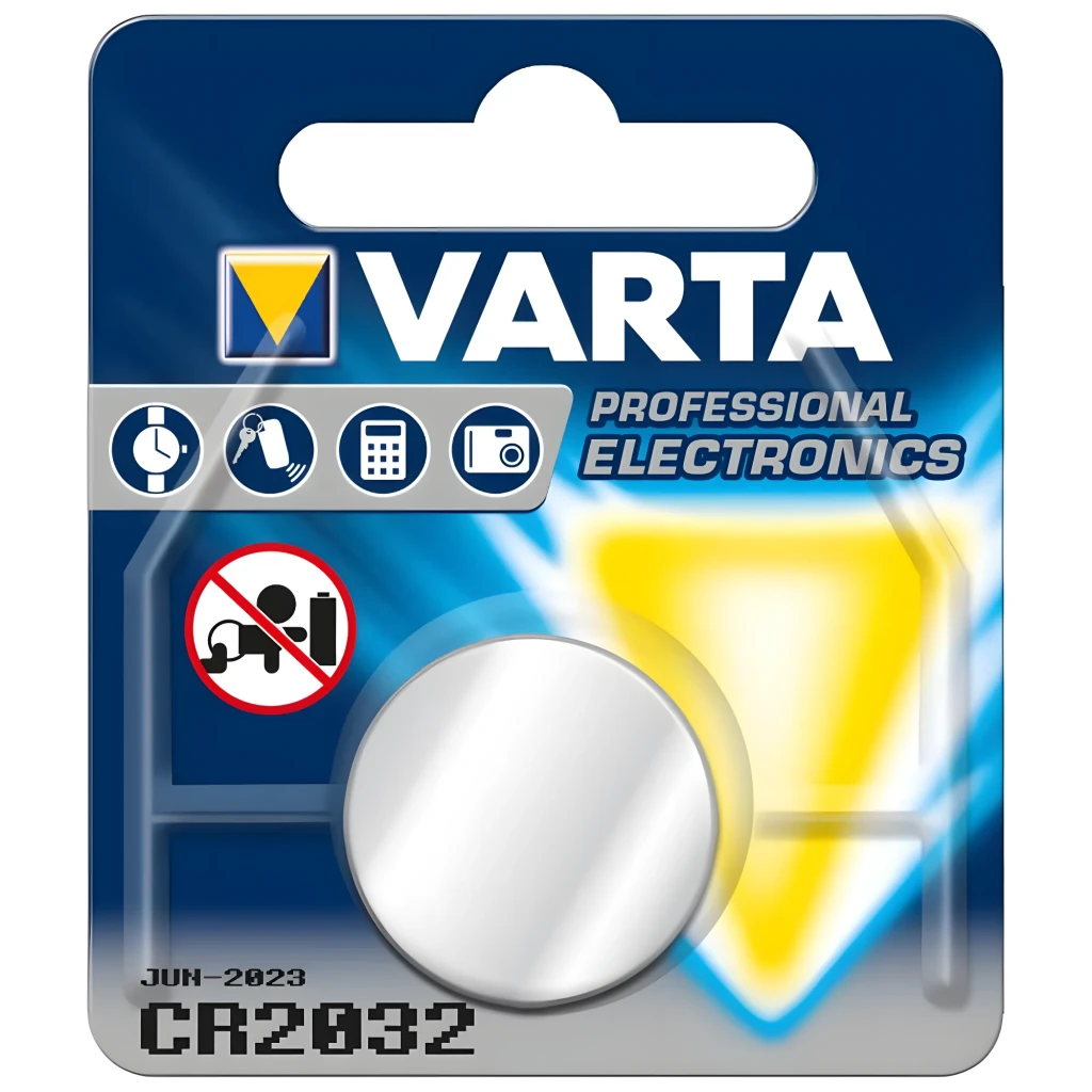 Varta Pila de botón CR2032 Litio plateada, blíster frontal: envase azul con 1 pila metálica circular y modelo CR2032 visible