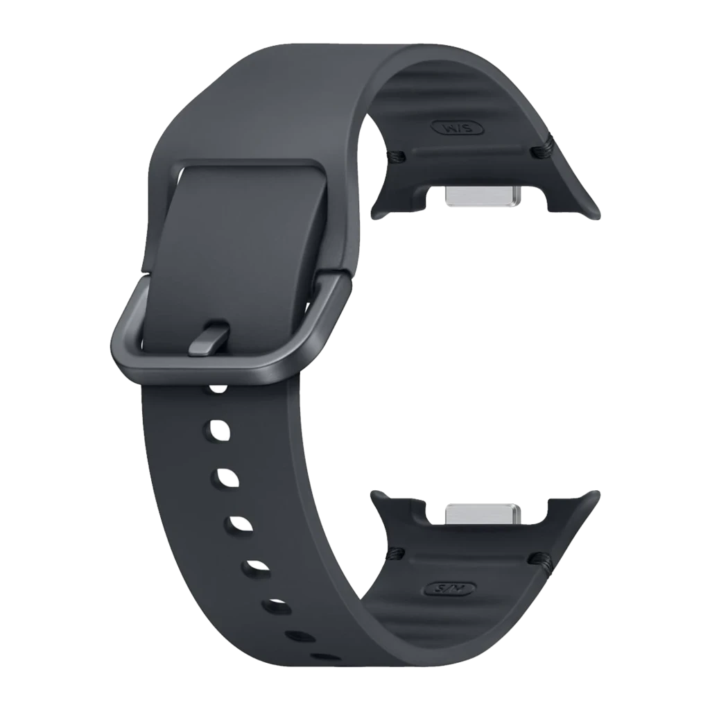 Samsung Sport Band Galaxy Watch8 S/M Grafito, vista general: correa silicona gris con hebilla cuadrada y conectores