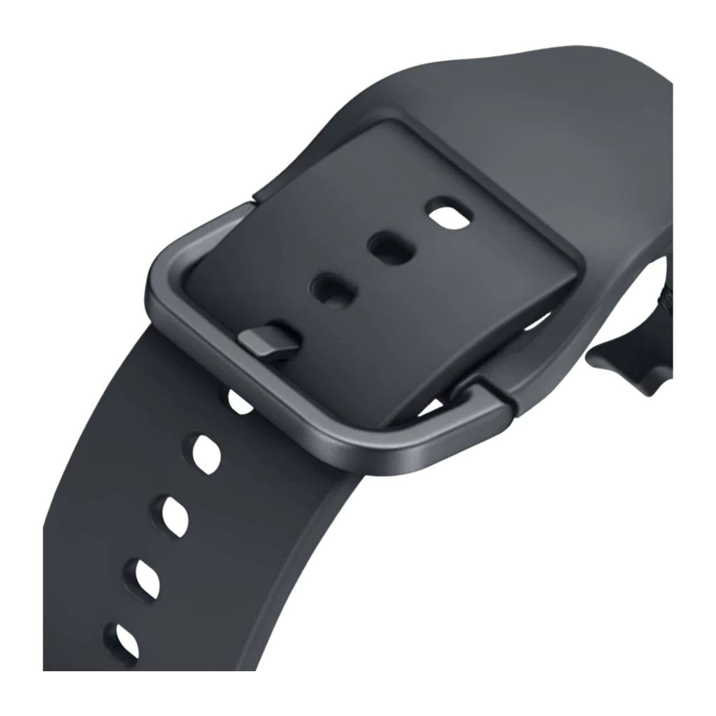 Samsung Sport Band Galaxy Watch8 S/M Grafito, detalle hebilla: primer plano de la hebilla cuadrada metálica gris y