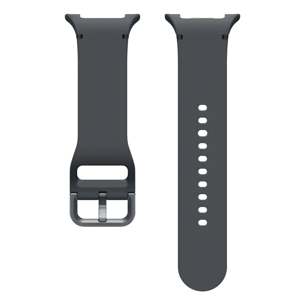 Samsung Sport Band Galaxy Watch8 S/M Grafito, vista frontal: dos piezas de correa gris con hebilla metálica y agujeros de
