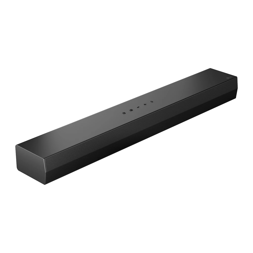 LG Barra de sonido S20A 2.0 Negro, vista diagonal frontal: parte superior con botones y rejilla de tela negra