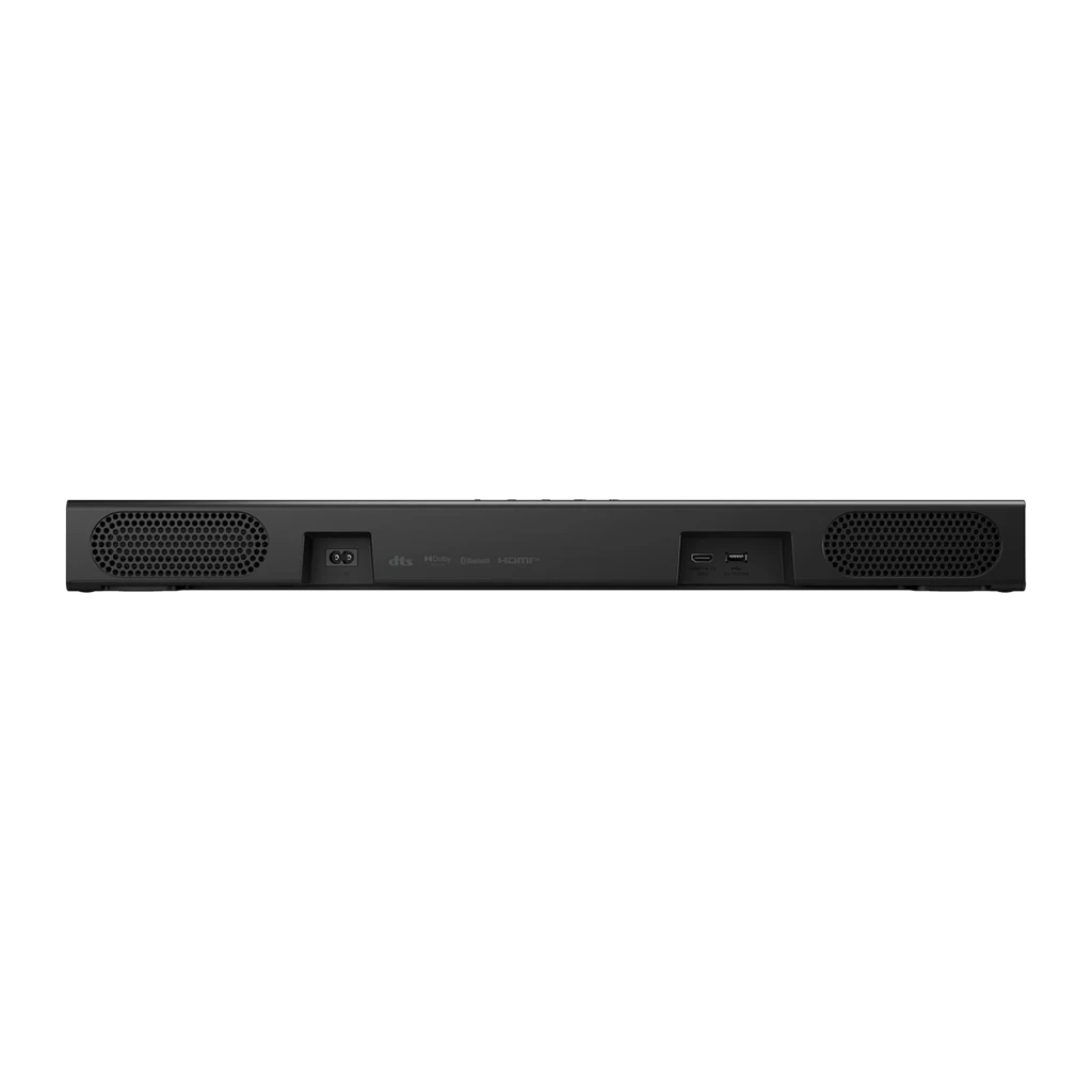 LG Barra de sonido S20A 2.0 Negro, vista trasera: puertos HDMI, alimentación y rejillas laterales visibles