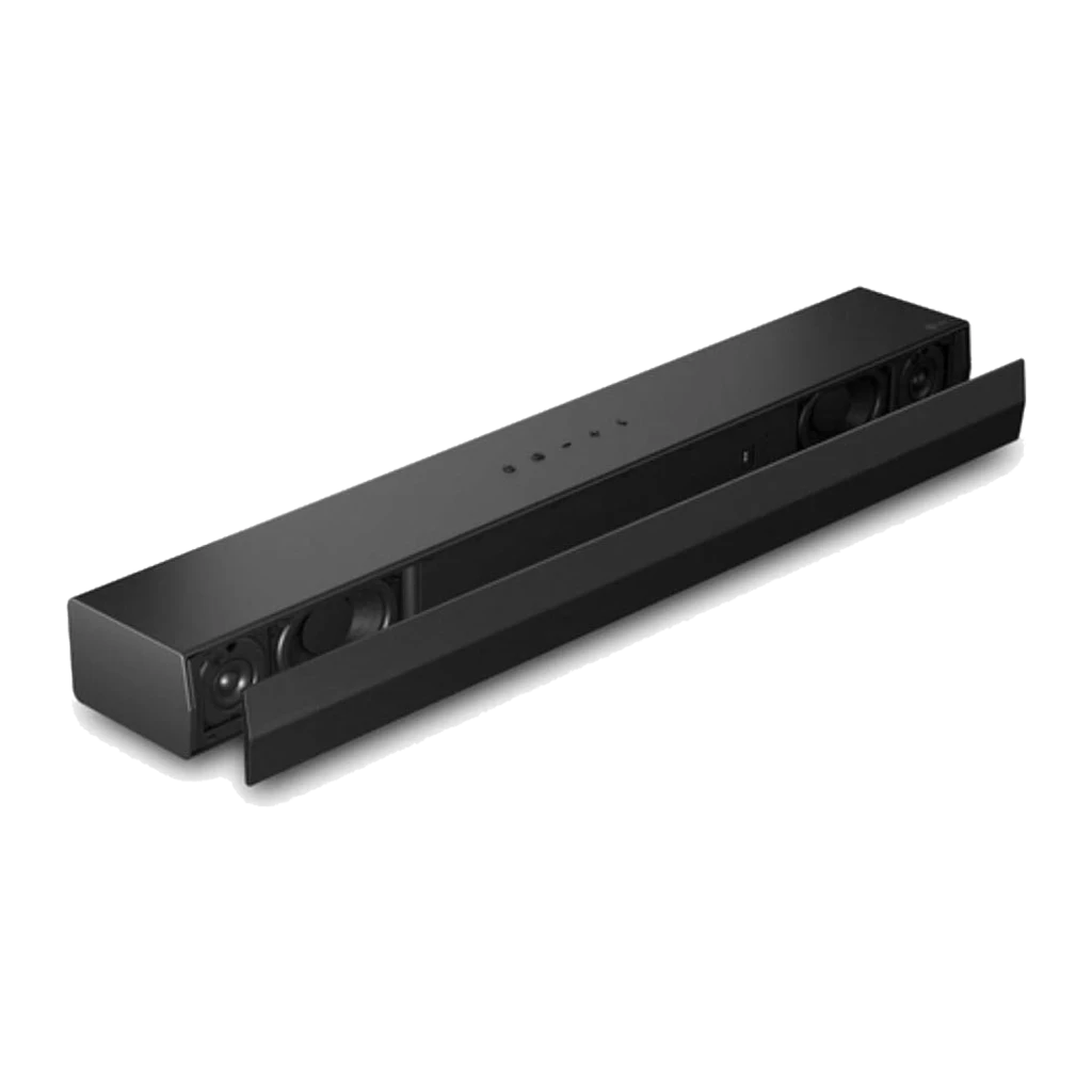 LG Barra de sonido S20A 2.0 Negro, vista diagonal con cubierta retirada: altavoces internos y tweeter expuestos