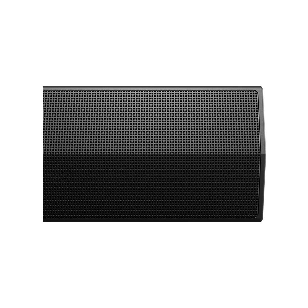 LG Barra de sonido S20A 2.0 negro, detalle frontal: rejilla metálica perforada negra y esquina redondeada