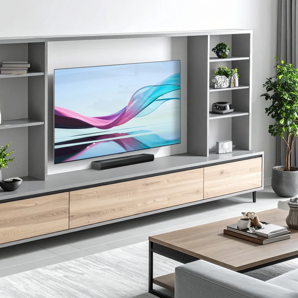 LG Barra de sonido S20A 2.0 Negro, vista en salón: colocada frente a TV en mueble de madera clara