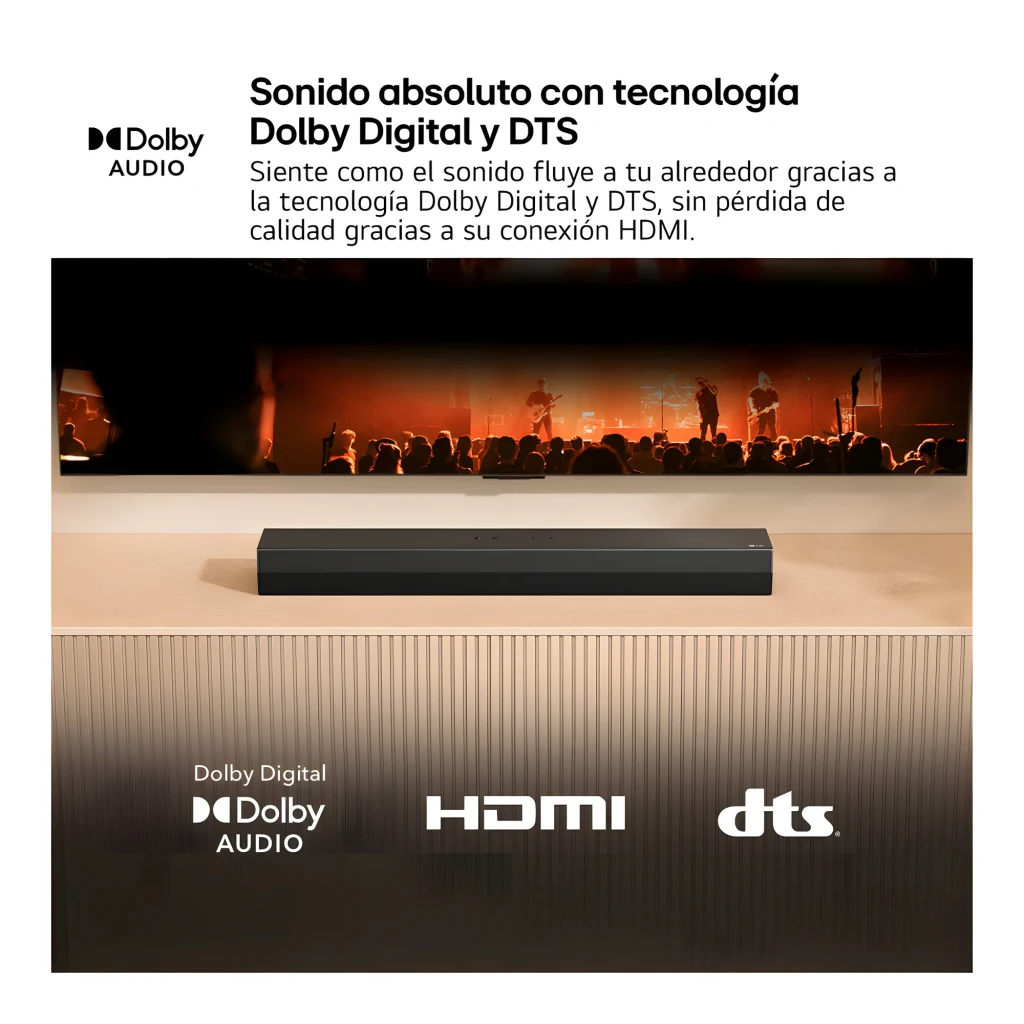 LG Barra de sonido S20A 2.0 Negro, lifestyle: bajo TV con logos Dolby Digital, HDMI y DTS
