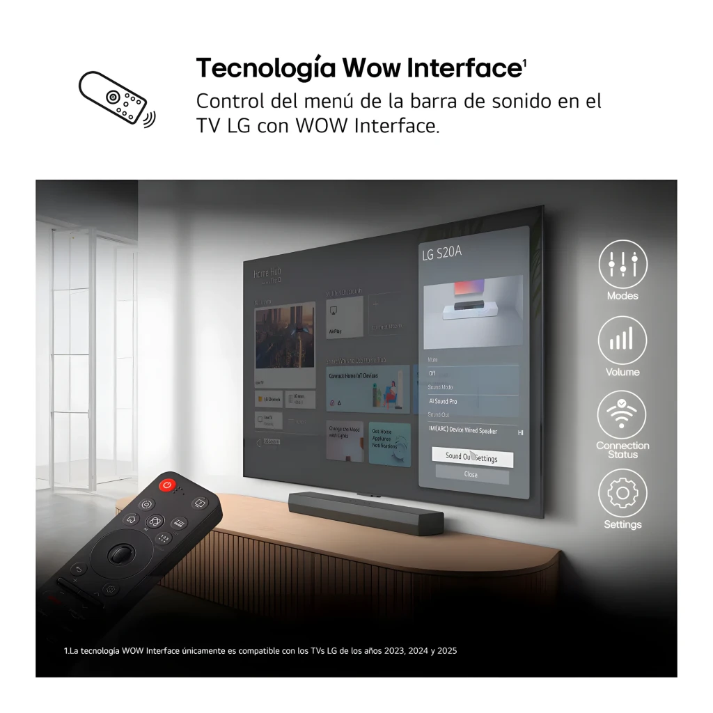 LG Barra de sonido S20A 2.0 Negro, tecnología Wow Interface: mando LG controla menú de la barra en TV LG