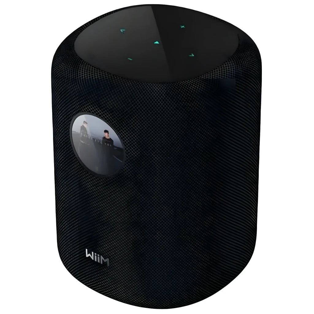 Wiim Sound negro, vista frontal en ángulo: rejilla textil, pantalla circular con portada y botones táctiles con LEDs en la