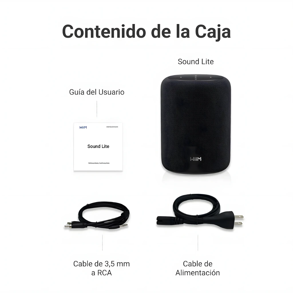 Wiim Sound negro, contenido de caja: altavoz, guía de usuario, cable 3,5mm a RCA y cable de alimentación
