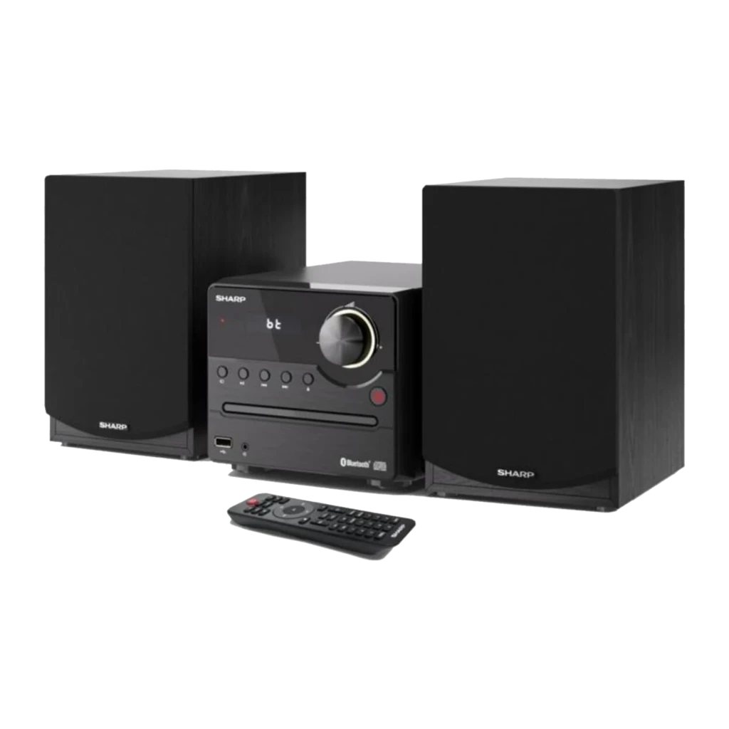 Sharp Microcadena XL-B512 45W negro, kit con mando a distancia: ángulo frontal derecho, altavoces con acabado madera negra