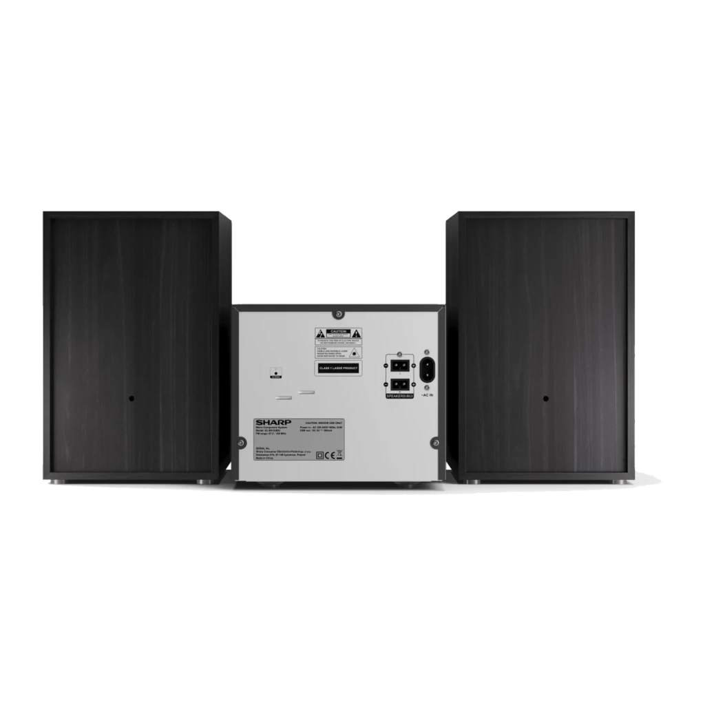 Sharp Microcadena XL-B512 45W negro, vista trasera: panel posterior con etiqueta técnica, toma de corriente y altavoces