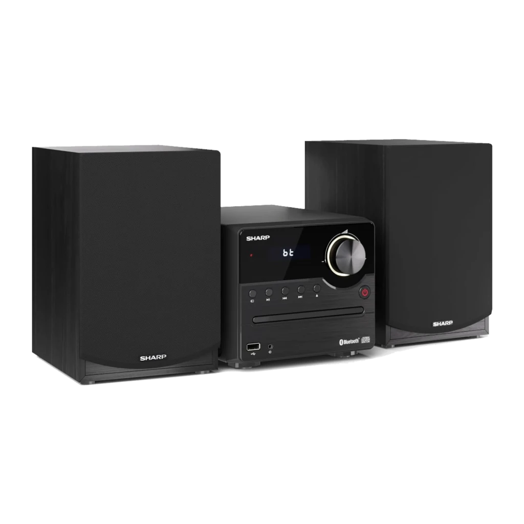 Sharp Microcadena XL-B512 45W negro, vista en ángulo frontal izquierdo: unidad central, display BT encendido y altavoces