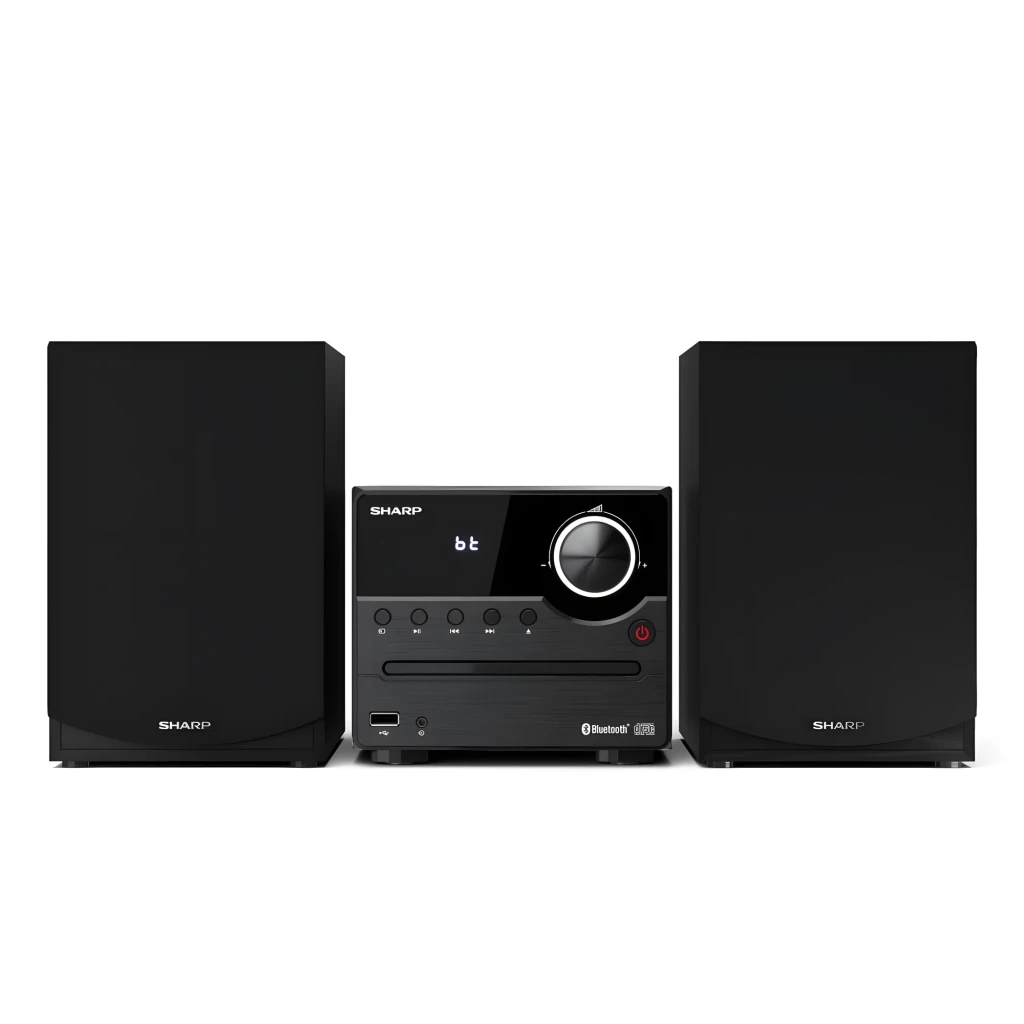 Sharp Microcadena XL-B512 45W negro, vista frontal: unidad central con pantalla bt, mando giratorio y dos altavoces