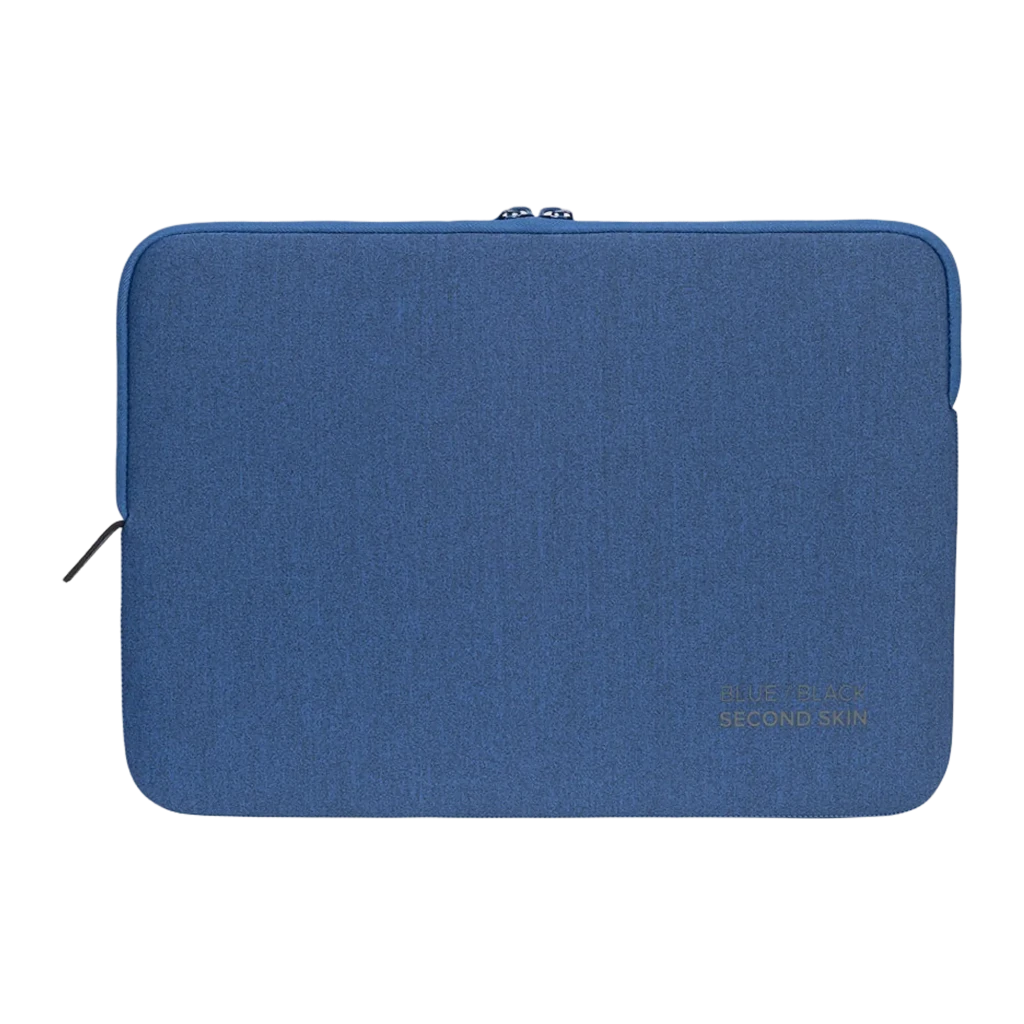Tucano Melange Second Skin 15.6 pouces bleu, vue de face: texture melange bleue, logo Second Skin et fermeture éclair