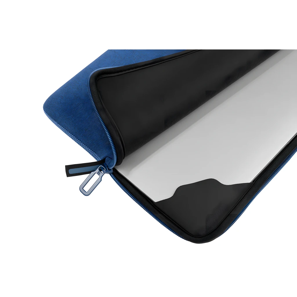 Tucano Funda Melange Second Skin 15.6 pulgadas Azul, detalle interior: cremallera abierta con portátil asomando y forro