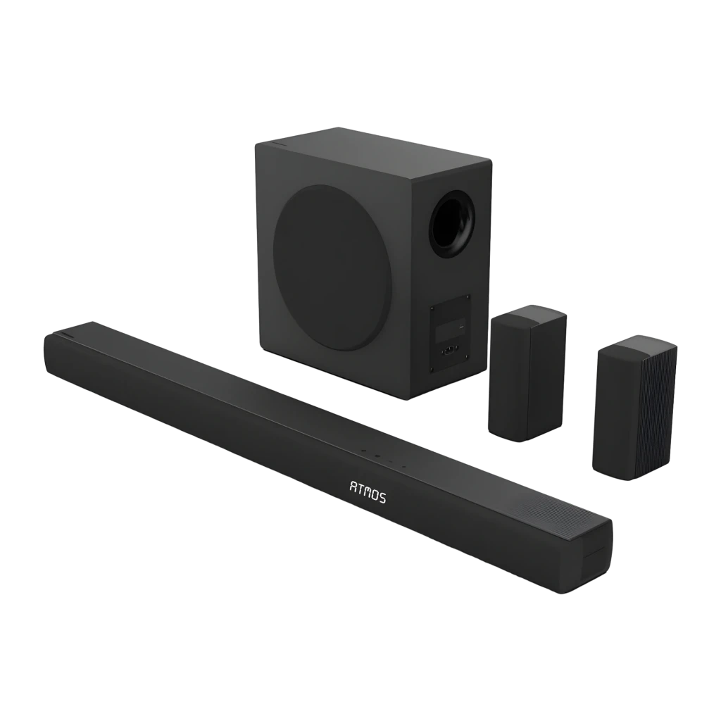 Hisense Barra de sonido AX5100Q 5.1 580W Negro, vista conjunto: barra con logo Atmos, subwoofer y dos altavoces satélite