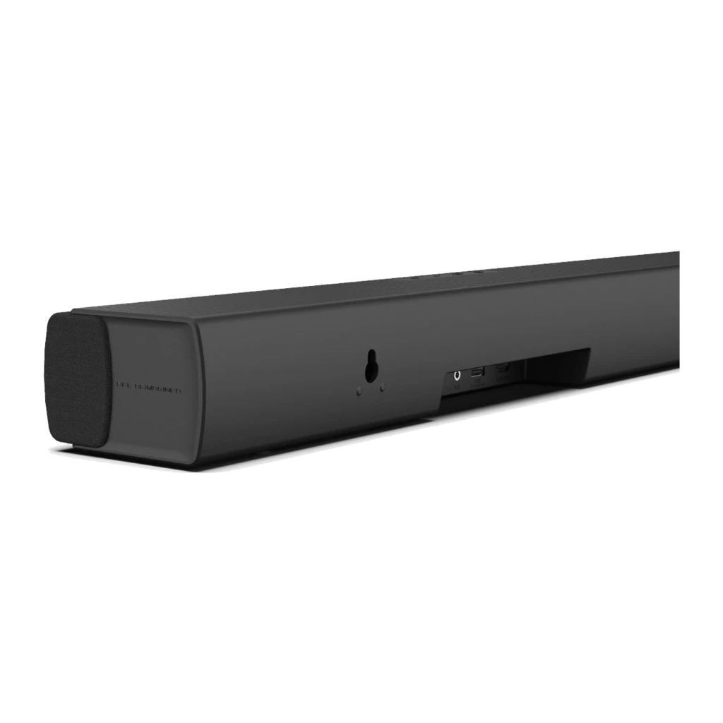 Hisense Barra de sonido AX5100Q 5.1 580W negro, vista trasera en ángulo: orificio de montaje, puerto USB y altavoz lateral