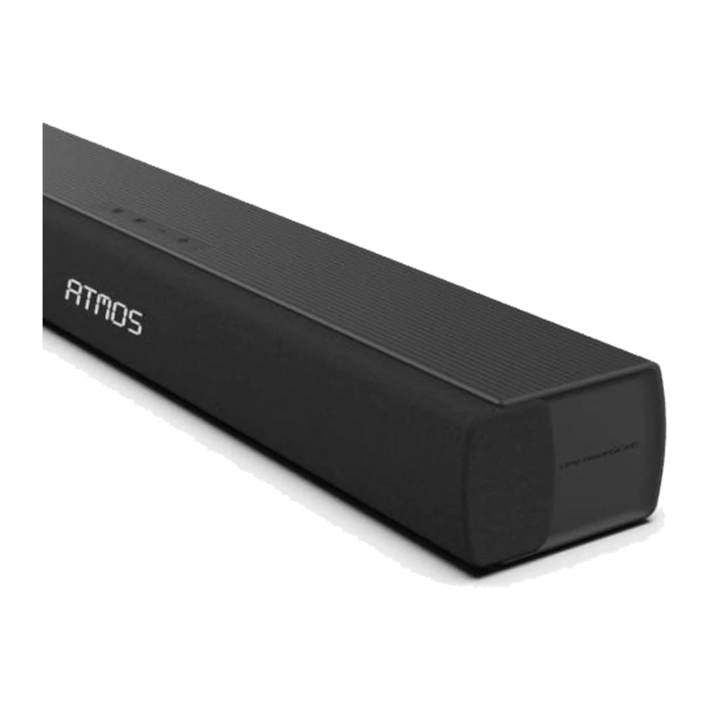 Hisense Barra de sonido AX5100Q 5.1 580W negro, vista frontal en ángulo: logo ATMOS en pantalla y superficie superior