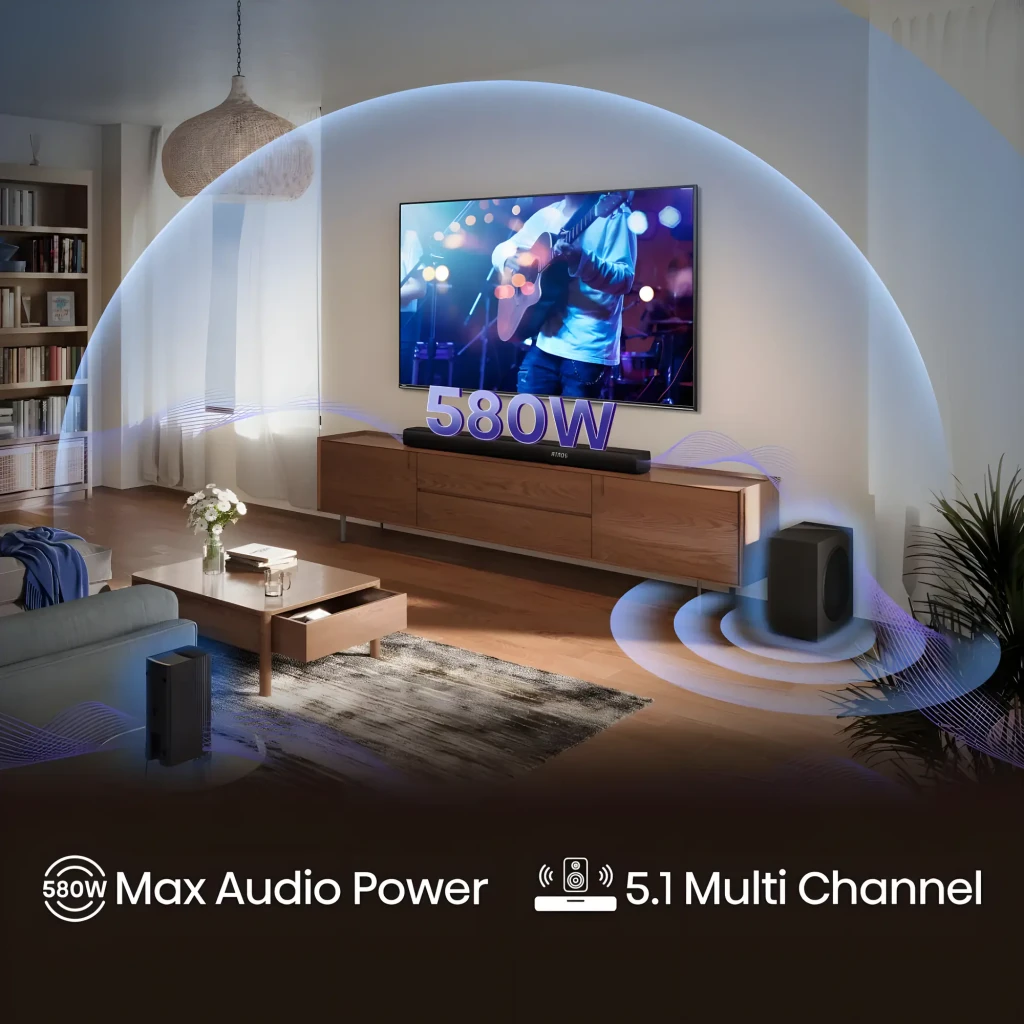 Hisense Barra de sonido AX5100Q 5.1 580W Negro, escena: sistema completo en salón con subwoofer, altavoces traseros y onda