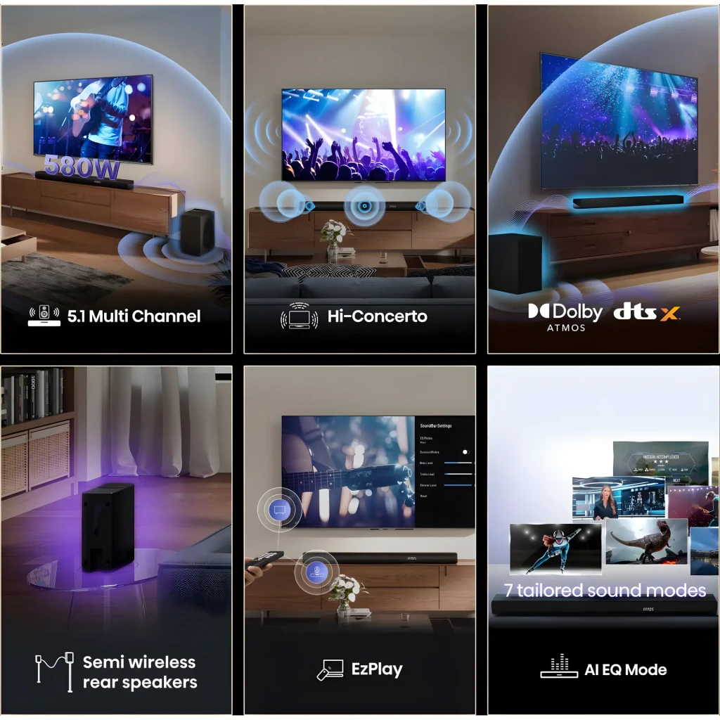 Hisense Barra de sonido AX5100Q 5.1 580W Negro, características: 5.1 canales, Hi-Concerto, Dolby Atmos DTS:X, altavoces