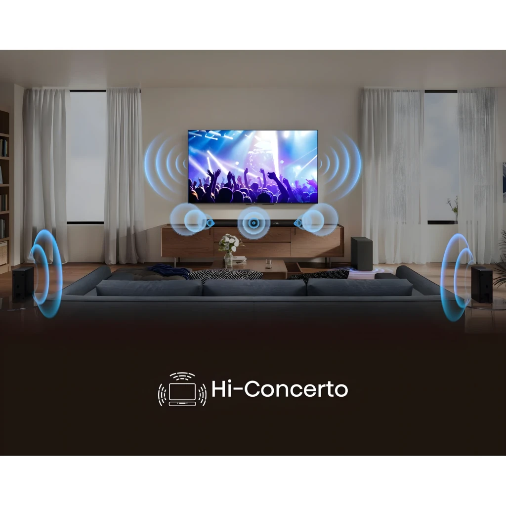 Hisense Barra de sonido AX5100Q 5.1 580W Negro, escena: sistema 5.1 en salón con ondas sonoras Hi-Concerto y TV