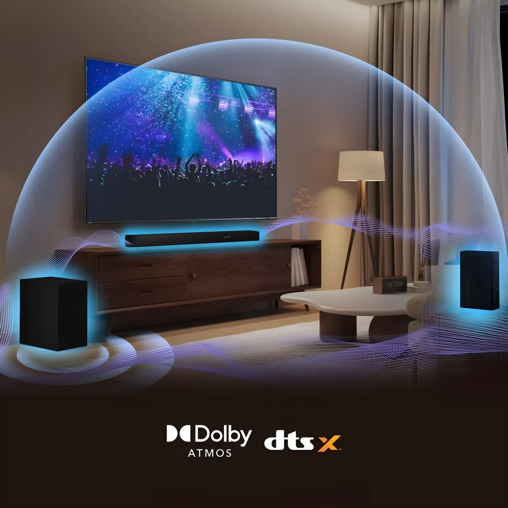 Hisense Barra de sonido AX5100Q 5.1 580W Negro, ambientación: sistema 5.1 en salón con subwoofer, satélites y ondas Dolby