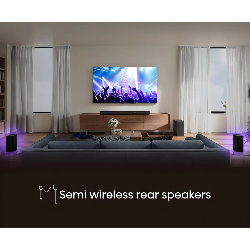 Hisense Barra de sonido AX5100Q 5.1 580W negro, escena salón: barra, subwoofer y altavoces traseros seminalámbricos con luz
