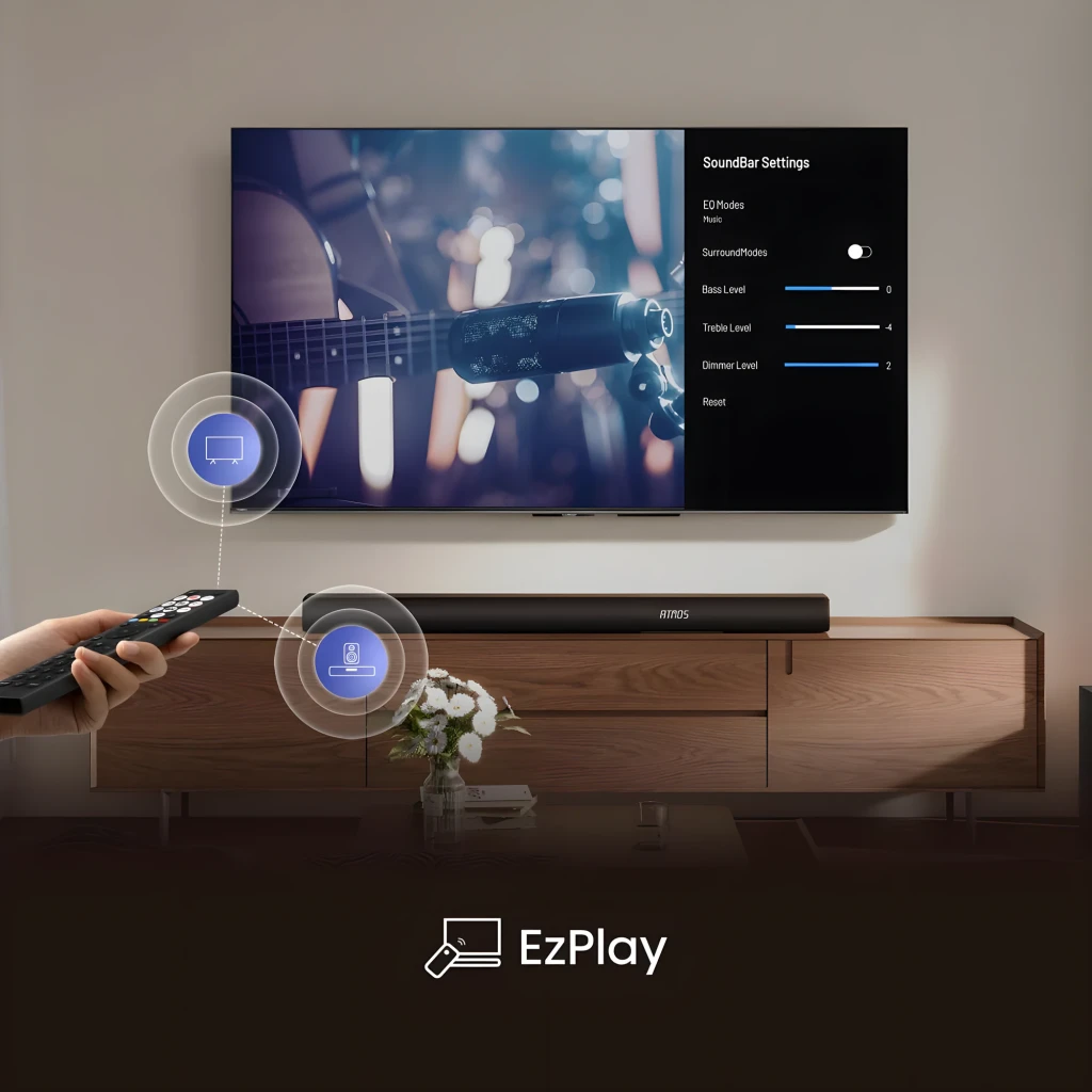 Hisense Barra de sonido AX5100Q 5.1 580W Negro, lifestyle: función EzPlay con mando apuntando a barra y TV con ajustes