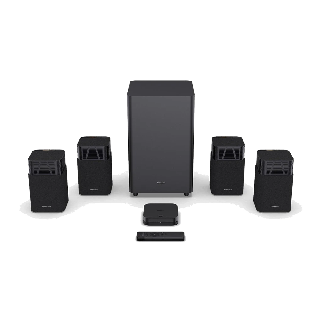 Hisense Barra de sonido AX5140Q negro, kit completo: 4 altavoces satélite, subwoofer, hub central y mando