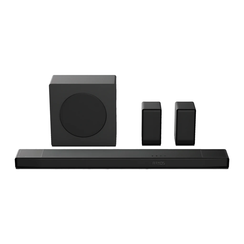 Hisense Barra de sonido AX5140Q Negro, vista conjunto: barra frontal con logo ATMOS, subwoofer y dos altavoces traseros