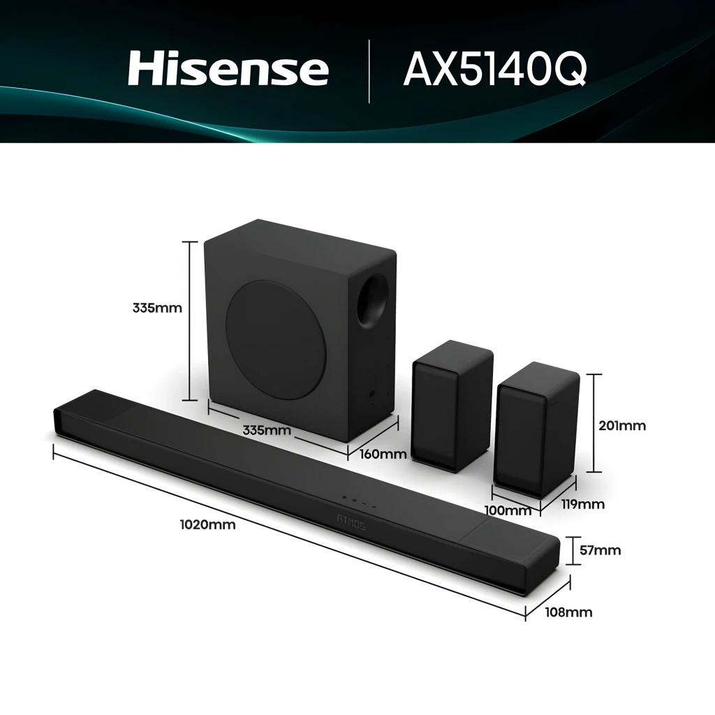 Hisense Barra de sonido AX5140Q Negro, dimensiones: barra 1020mm, subwoofer 335mm y dos altavoces traseros con medidas