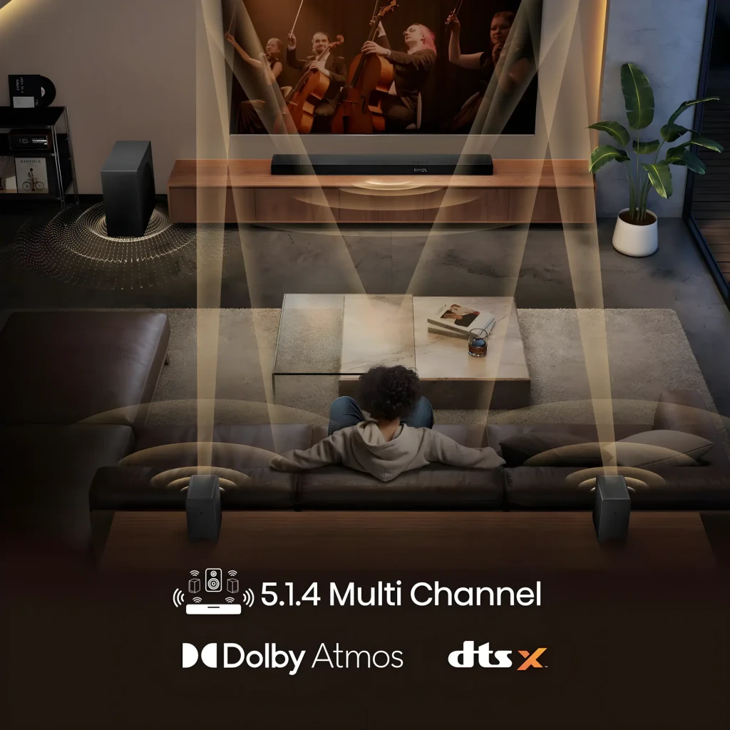 Hisense Barra de sonido AX5140Q negro, vista cenital: sistema 5.1.4 canales con subwoofer y altavoces traseros, Dolby Atmos