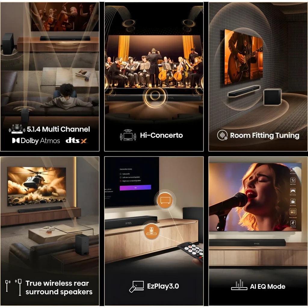 Hisense Barra de sonido AX5140Q Negro, características: collage 5.1.4 Dolby Atmos DTS:X, Hi-Concerto, Room Fitting,