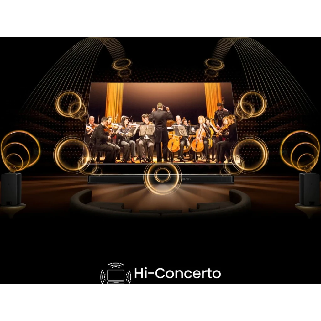 Hisense Barra de sonido AX5140Q negro, vista conceptual: sistema Hi-Concerto con ondas de sonido envolvente y orquesta en