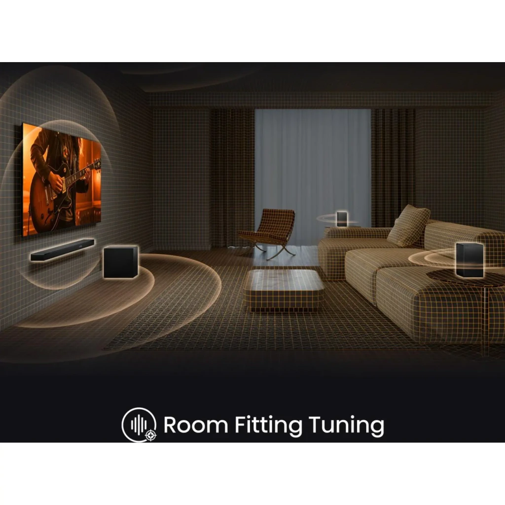 Hisense Barra de sonido AX5140Q negro, infografía: Room Fitting Tuning con ondas de sonido envolvente en salón