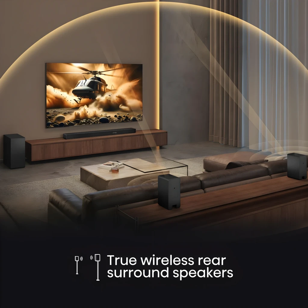 Hisense Barra de sonido AX5140Q Negro, escena salón: sistema con altavoces traseros inalámbricos y subwoofer en sala de cine