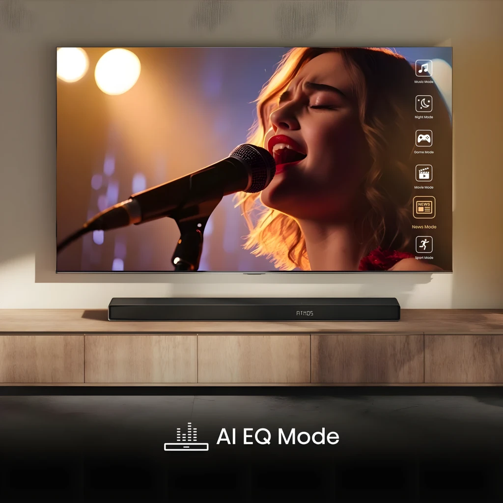 Hisense Barra de sonido AX5140Q negro, escena lifestyle: barra bajo TV con modos AI EQ visibles en pantalla