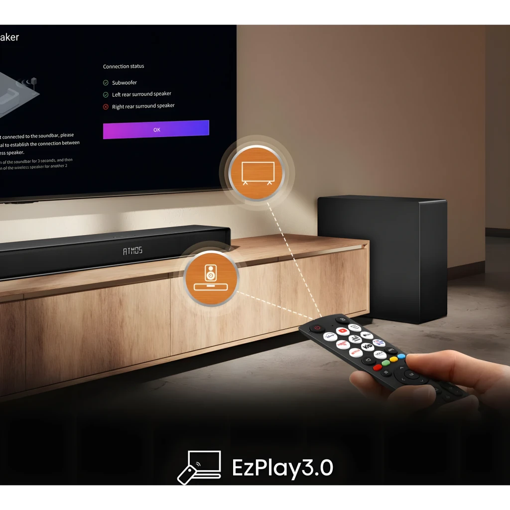 Hisense Barra de sonido AX5140Q Negro, escena salón: barra Atmos, subwoofer y mando con EzPlay3.0