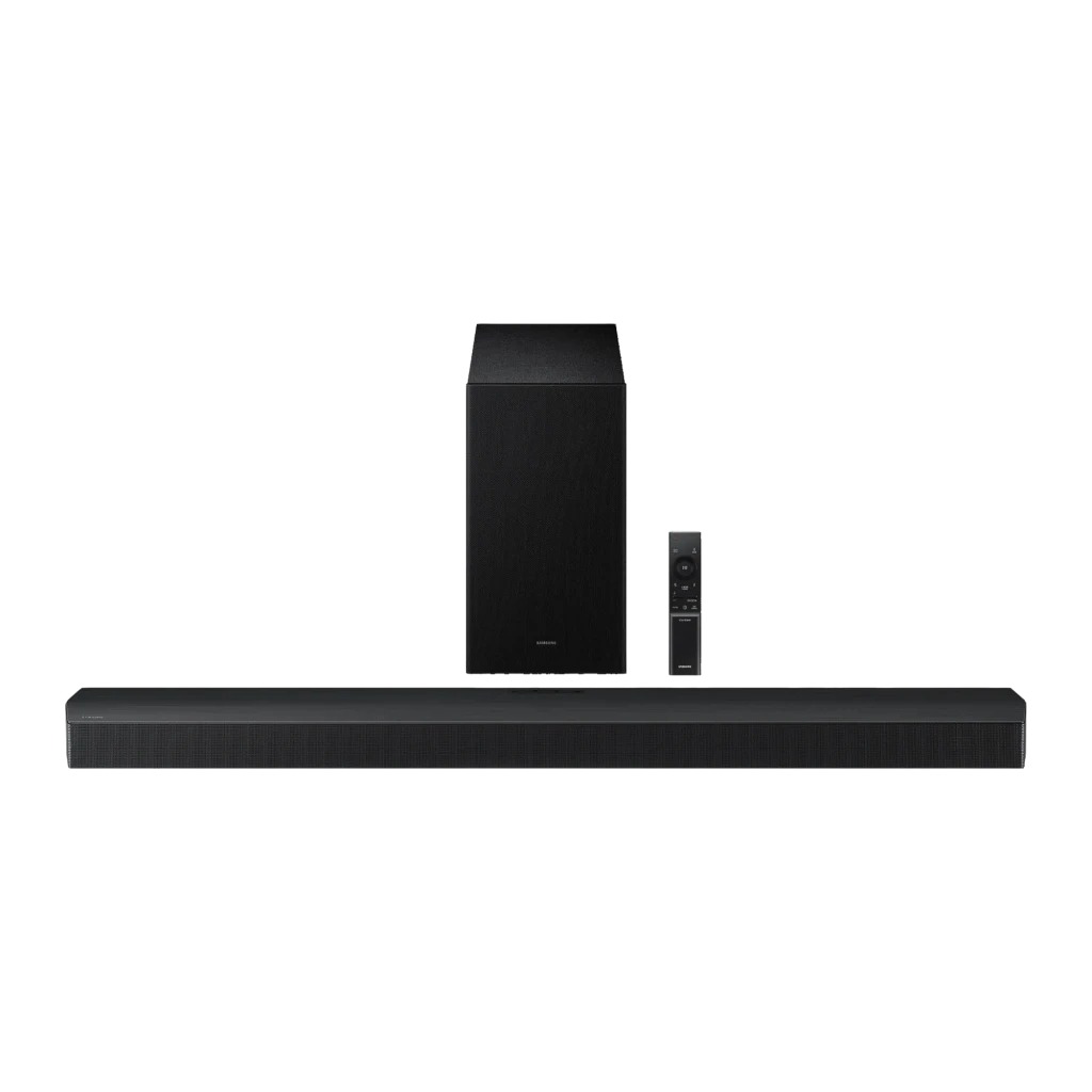 Samsung Barra de sonido HW-B750F 5.1 400W negro, vista frontal: barra, subwoofer inalámbrico y mando a distancia