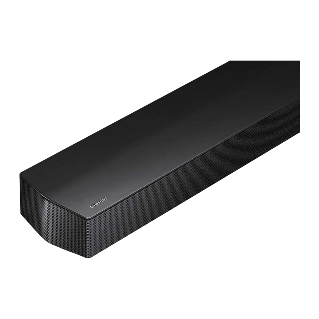Samsung Barra de sonido HW-B750F 5.1 400W negro, vista en perspectiva: parte superior plana, rejilla frontal y logo Samsung