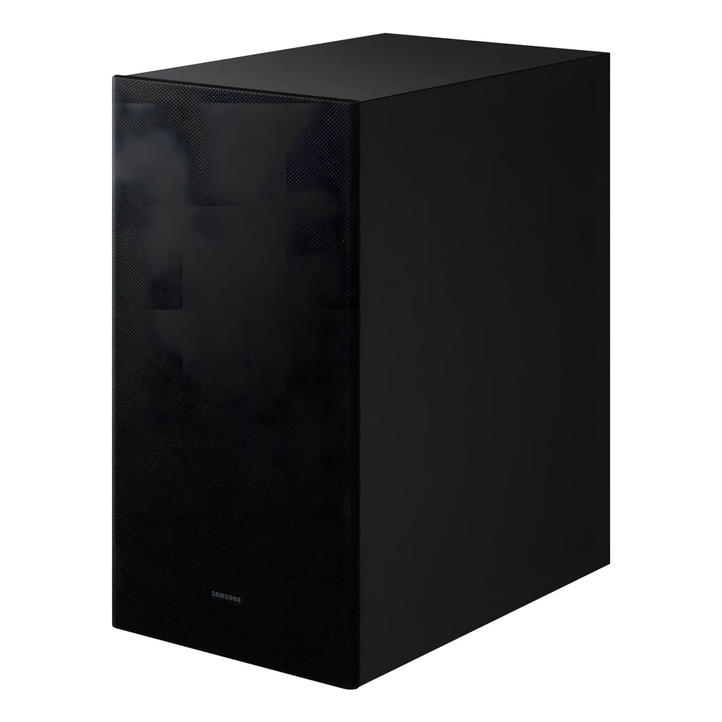 Samsung Barra de sonido HW-B750F 5.1 400W negro, vista lateral del subwoofer: caja negra con rejilla frontal y acabado