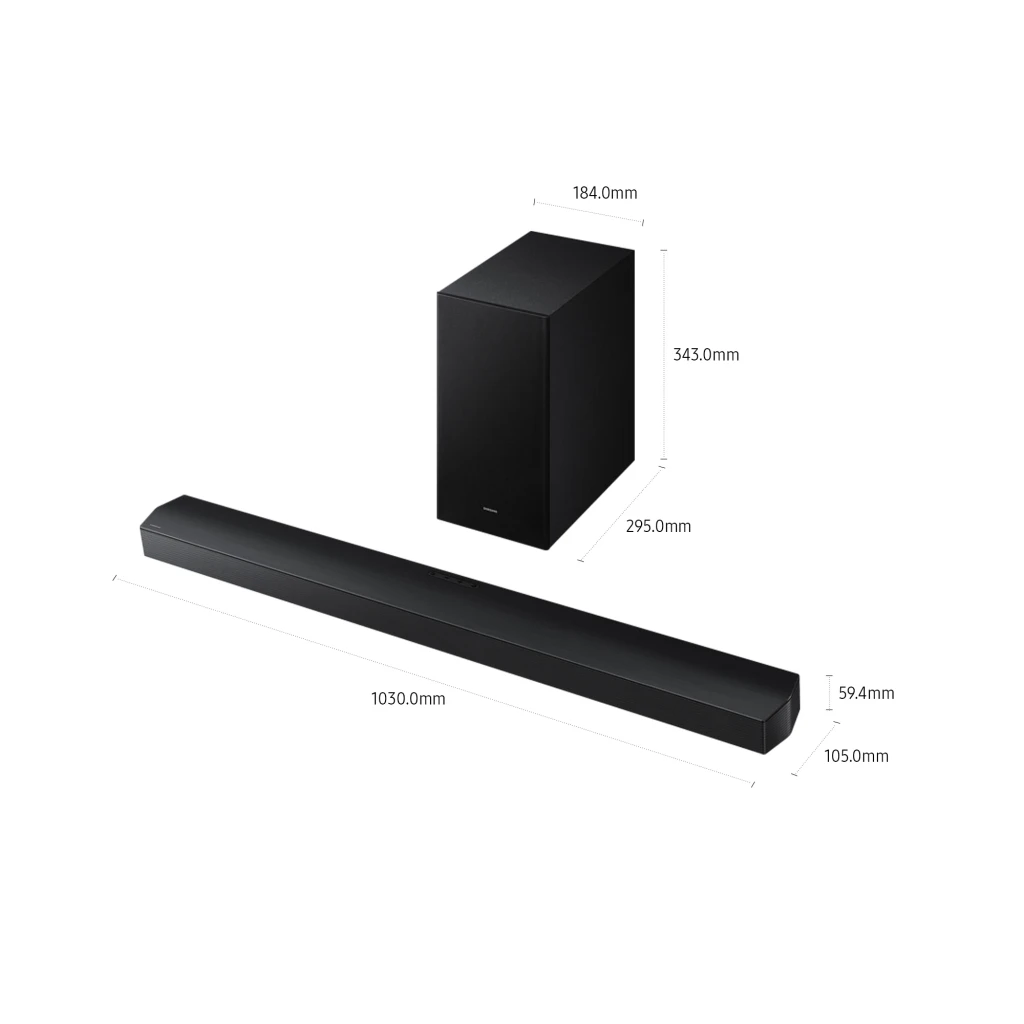 Samsung Barra de sonido HW-B750F 5.1 400W negro, dimensiones: barra 1030x105x59,4mm y subwoofer 184x295x343mm