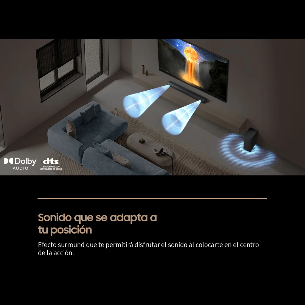 Samsung Barra de sonido HW-B750F 5.1 400W Negro, escena: efecto surround virtual con haces de sonido en salón con TV y